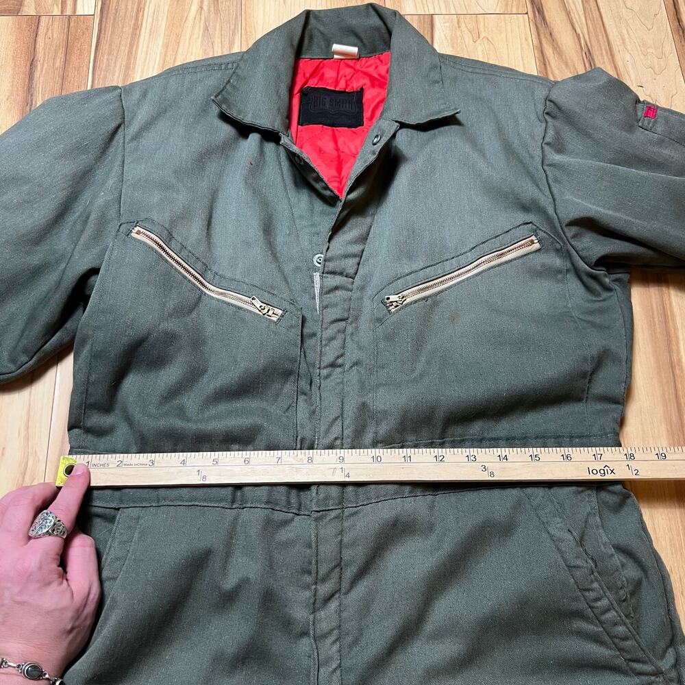 VINTAGE 80s Big Smith Coveralls Quilted Size 38 Short Green Distressed Mechanic - Picture 3 of 8